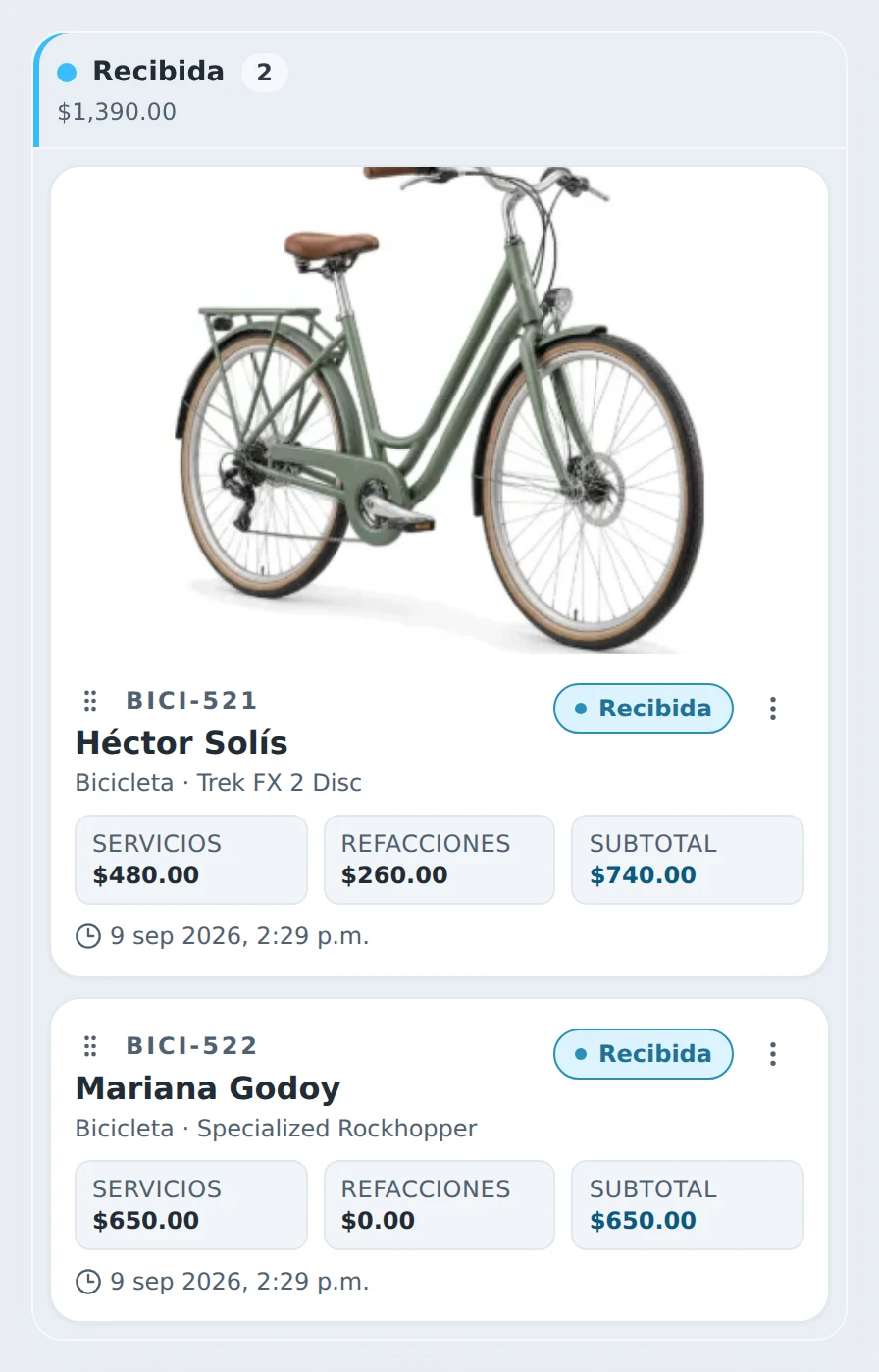 El tablero de un taller de bicicletas: columna Recibida, con la foto de la bici, el cliente, los servicios, las refacciones y el subtotal de cada orden