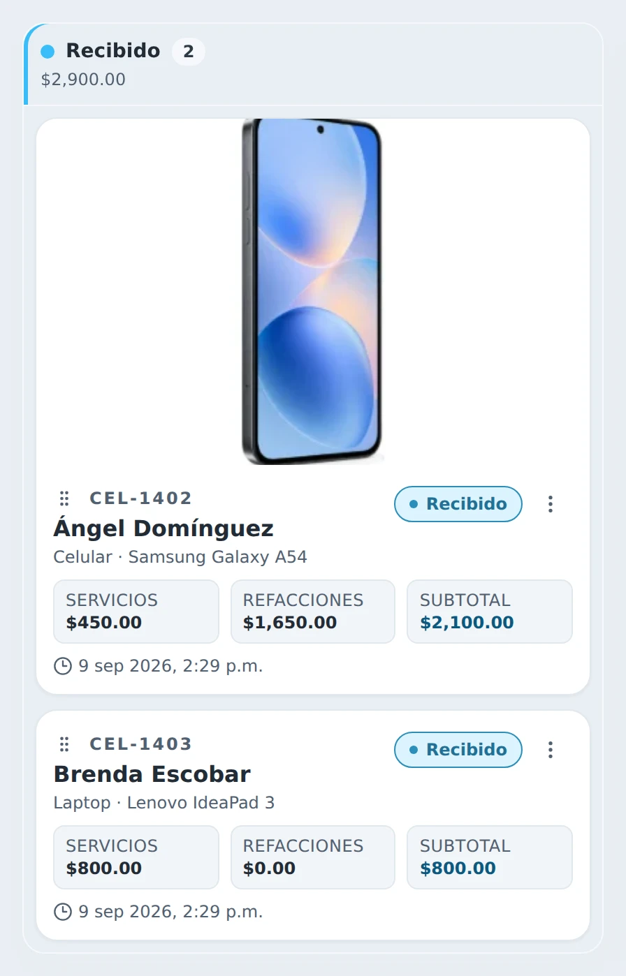 El tablero de un taller de celulares: columna Recibido, con la foto del equipo, el cliente, los servicios, las refacciones y el subtotal de cada orden