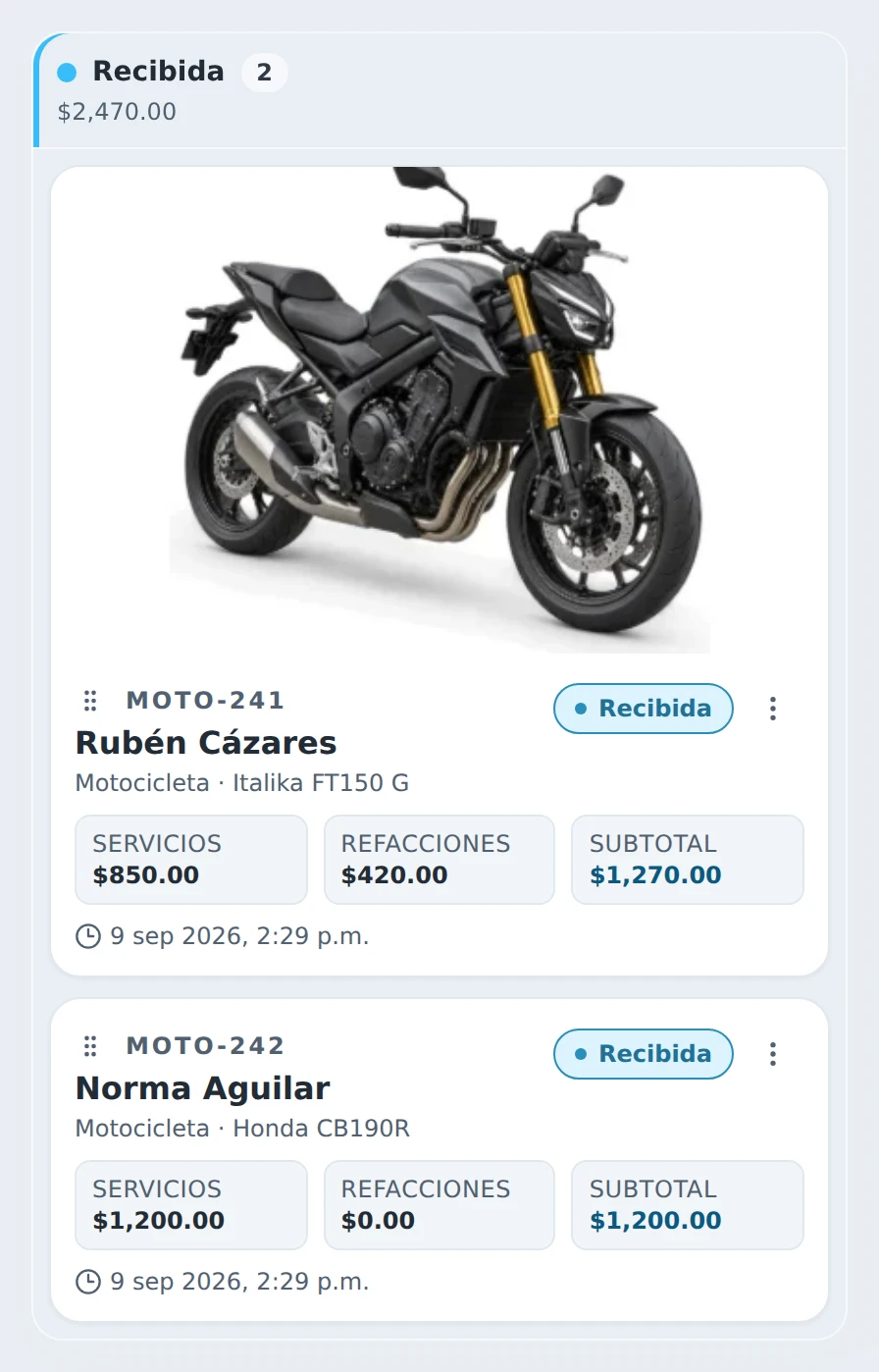 El tablero de un taller de motocicletas: columna Recibida, con la foto de la moto, el cliente, los servicios, las refacciones y el subtotal de cada orden