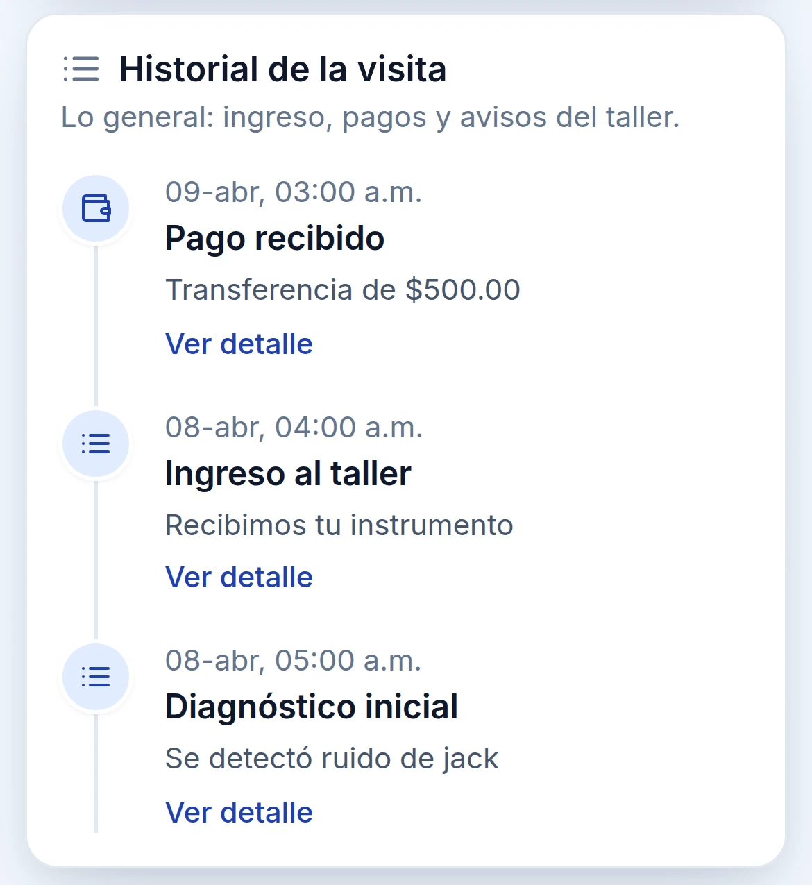 Historial de la visita: pago recibido por transferencia, ingreso al taller y diagnóstico inicial, cada uno con su fecha