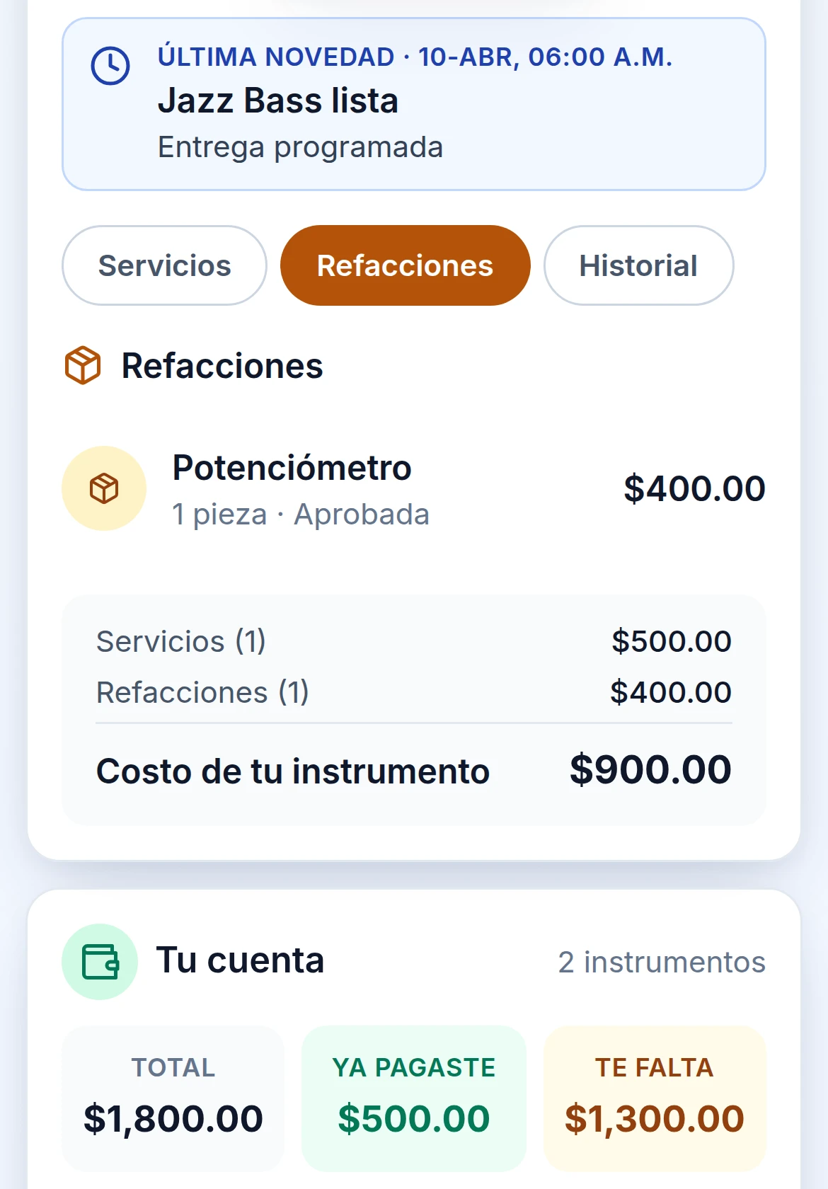 La pestaña de refacciones: Potenciómetro, 1 pieza, aprobada, $400, y el costo total del instrumento