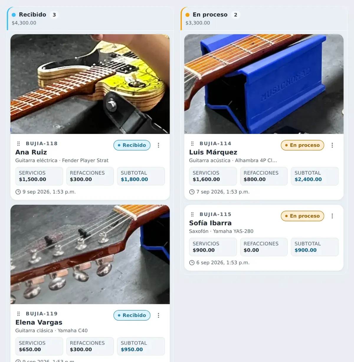 Dos columnas del tablero con el tema claro: Recibido y En proceso, con sus tarjetas y las fotos de los instrumentos